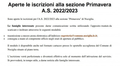 Aperte le iscrizioni alla sezione Primavera  A.S. 2022/2023