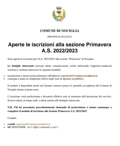 Aperte le iscrizioni alla sezione Primavera  A.S. 2022/2023