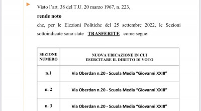 Elezioni politiche del 25 settembre 2022 - NUOVA UBICAZIONE IN CUI ESERCITARE...