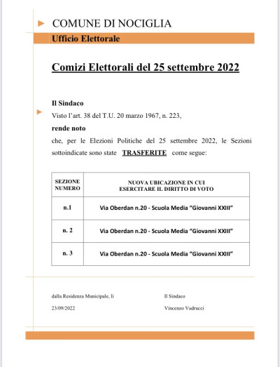 Elezioni politiche del 25 settembre 2022 - NUOVA UBICAZIONE IN CUI ESERCITARE...