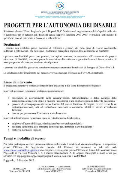 Avviso Pubblico per progetti per l’autonomia dei disabili