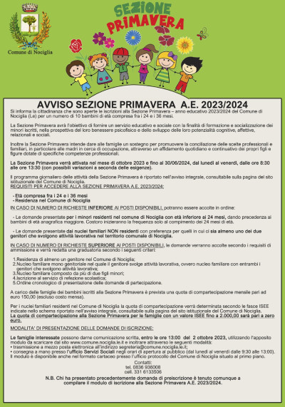 AVVISO SEZIONE PRIMAVERA A.E. 2023/2024