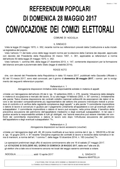 CONVOCAZIONE COMIZI ELETTORALI DEL 28/05/2017