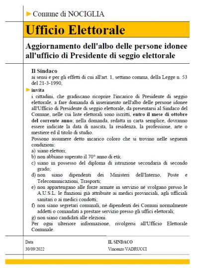 Aggiornamento dell'albo delle persone idonee all'ufficio di Presidente di seg...