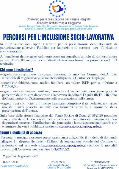 Avviso Pubblico per l'attivazione di percorsi per l'inclusione socio-lavorativa